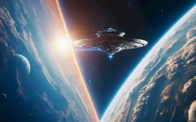 Spacecraft zoom a través de un cielo azul brillante