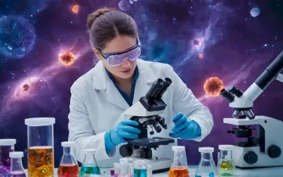 Una fotografía de un científico en una capa de laboratorio con gafas y guantes de pie cerca de un microscopio futurista rodeado de microtubos y platos petri llenos de líquidos brillantes
