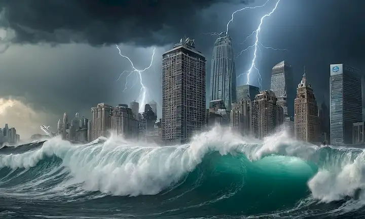 Olas 3D chocando contra un paisaje urbano, edificios torrentes destruidos, enormes revestimientos oceánicos capsulados, agua salpicando sobre un techo rascacielos, Seafoam y escombros girando en el aire, un cielo oscuro y ominoso con nubes iluminadas por el rayo, una ola de tsunami alcanzando más alto que el edificio más alto