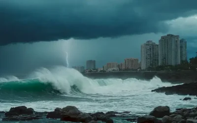 Grandes olas verde-azul chocando en una costa rocosa