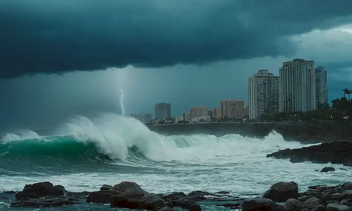 Grandes olas verde-azul chocando en una costa rocosa