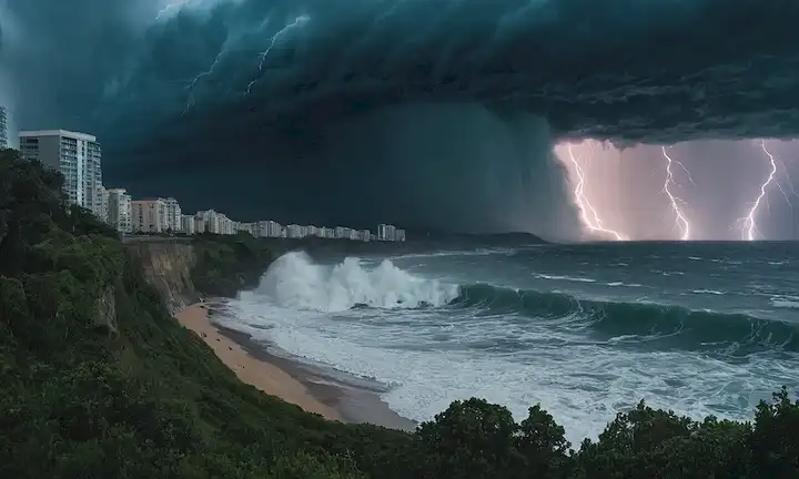 Una ola azul masiva que se eleva sobre un paisaje urbano costero, con edificios y árboles balanceados en el caos, un cielo oscuro con relámpagos iluminando el fondo, una pared gigante de agua que choca contra la tierra, criaturas marinas huyendo de la destrucción, ondas masivas rodando a tierra, olas oceánicas transformadas en fuerzas destructivas