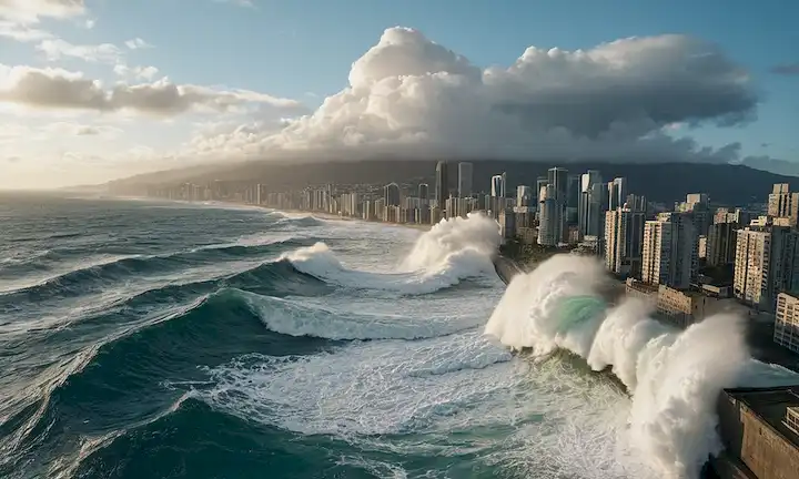 Ola masiva chocando contra un paisaje urbano costero, con impresionantes rascacielos y edificios, destrucción y caos en primer plano, el agua del océano subiendo por encima de los tejados de la ciudad, la luz del sol filtrando a través de nubes, mar azul oscuro, olas crecidas con espumosos picos blancos