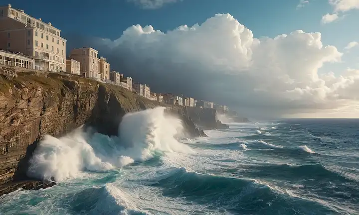 3D rendering of a massive wave crashing against a coastline, with foamy white crest reaching 500 meters height, ocean water splashing over acantilados and buildings, waves engulfing a distant cityscape, intense blue sky with wispy clouds in the background, stormy atmosphere with sea spray and mist