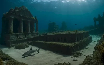 un paisaje prehistórico bajo el agua con un tiburón masivo que se avecina en la distancia