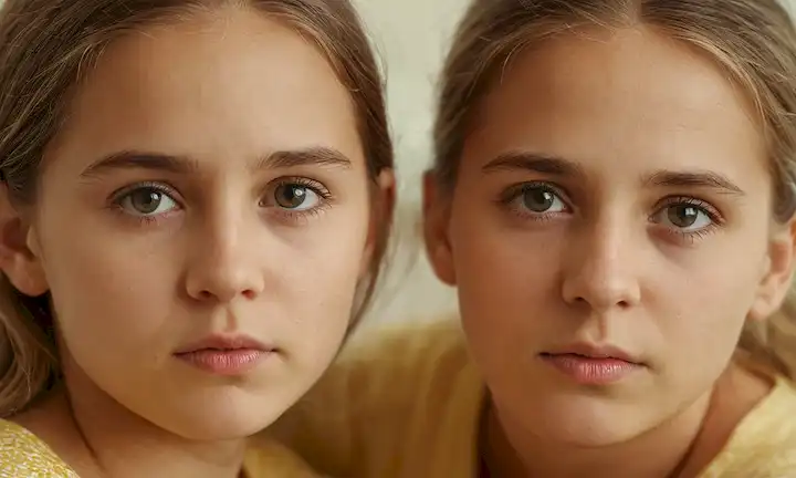 Un par de gemelos idénticos, hermanos con diferentes padres, una mezcla de características faciales de cada padre, helices de ADN entrelazados entre ellos, un fondo borroso para representar lo desconocido, un sentido de curiosidad y maravilla