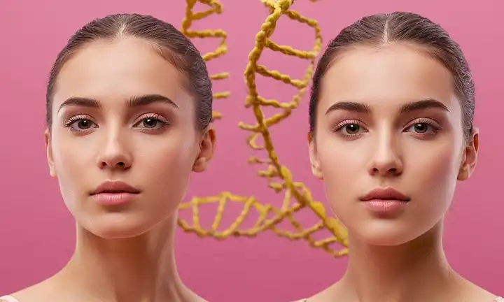 ilustración 3D de gemelos idénticos con características faciales distintas, una con un brillo amarillo brillante, otra con un tono rosa suave; cálices de ADN en el fondo, retorciendo unos a otros; múltiples caras pequeñas y siluetas emergentes de los hilos; patrones sutiles de onda que sugieren código genético