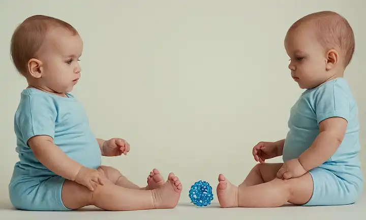 2 bebés con diferentes padres, gemelos idénticos que sostienen las manos o sentados juntos, antecedentes científicos con cálices de ADN, una pantalla dividida o imagen reflejada para enfatizar el aspecto gemelo, profesionales médicos en las muestras de análisis en primer plano, un efecto gradiente sutil que sugiere una conexión entre las dos imágenes