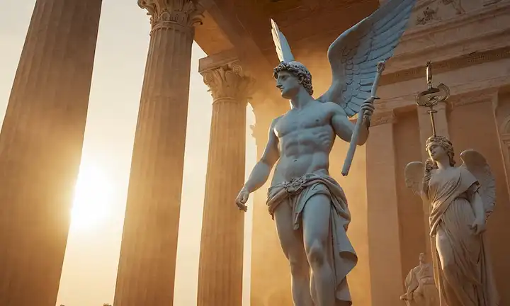 Antiguo templo romano, estatua de Mercurio, sandalias aladas, caduceo, dios mensajero, gorra alada, luz radiante, amanecer o escena del crepúsculo, colores inspirados en la mitología, niebla atmosférica, arquitectura clásica, detalles ornamentados, aura mística