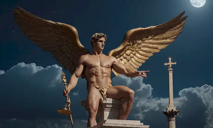 Dios romano Mercurio con alas, sosteniendo un caduceo, rodeado de nubes, con una sabia expresión, sentado en un pedestal, en medio de la antigua arquitectura griega y romana, con un sutil aura de misterio, junto a un altar, bajo una luna llena
