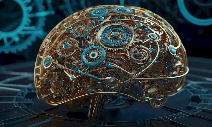 ilustración cerebral 3D con engranajes y circuitos
