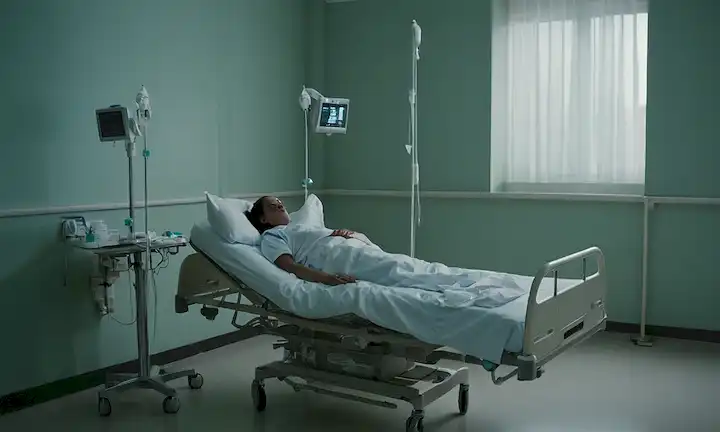 Una persona acostada en una cama hospitalaria, postes IV y equipo médico que los rodea; un ambiente estéril con luz débil; sombras en las paredes; un sentido del confinamiento; una sensación de vulnerabilidad; un sutil indicio de desesperación