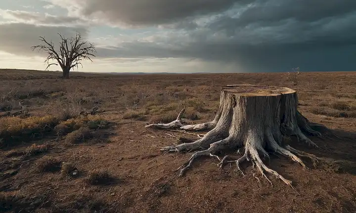 Un paisaje estéril con un resplandor débil, un tronco de árbol desgastado en primer plano, una pequeña criatura de pie sobre sus raíces, unas pocas nubes de escaso encima