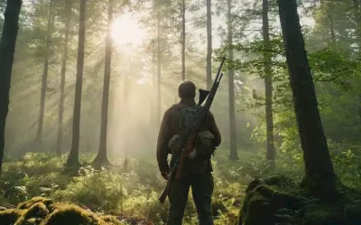 Un paisaje de bosque tranquilo con un cazador de pie