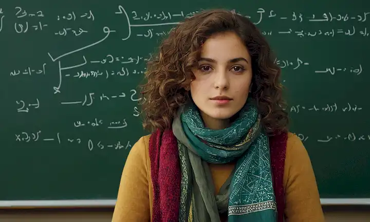 Retrato de una joven iraní con pelo castaño rizado, con una bufanda brillante, sentada frente a una pizarra llena de complejas ecuaciones matemáticas, rodeada de formas geométricas y patrones, con un paisaje urbano o cordillera débil en el fondo, transmitiendo un sentido de logro e innovación
