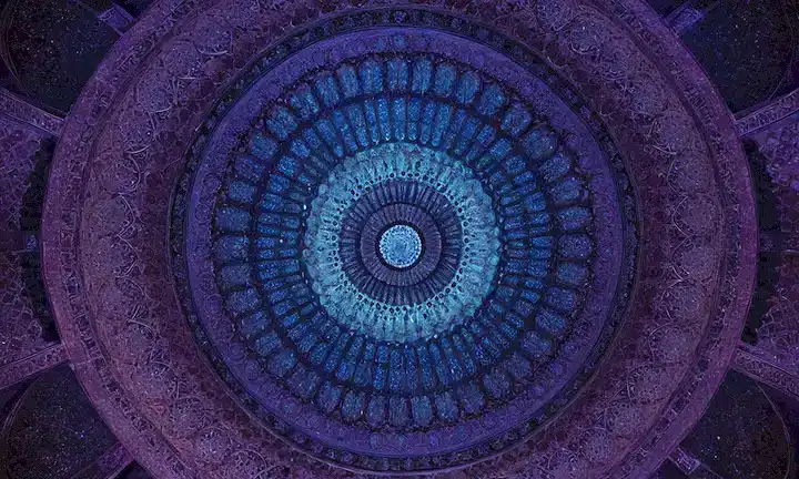 formas geométricas 3D, colores púrpuras y azules giratorios, curvas delicadas, patrones intrincados, un guiño a la arquitectura islámica, un sentido de movimiento, energía dinámica, abstracto pero visualmente llamativo