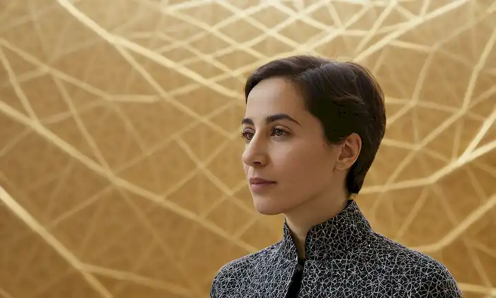 Un paisaje matemático sereno con suaves curvas y formas, suave luz dorada y sutil sombra, con un retrato estilizado de Maryam Mirzakhani entre patrones geométricos intrincados, líneas de wispy y formas abstractas evocando su trabajo innovador en matemáticas y geometría