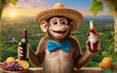 Una ilustración caprichosa con un mono sonriente usando un sombrero y sosteniendo una botella de cerveza