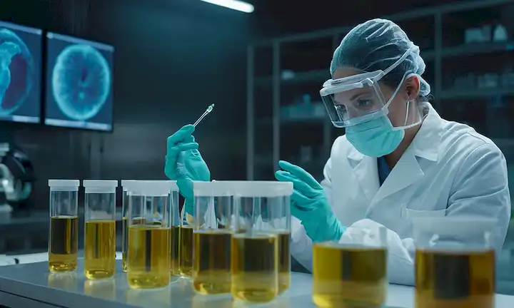 Células de embriones humanos 3D en un plato Petri, técnico de laboratorio en guantes y enmascaramiento, equipo de laboratorio futurista con pantallas y tubos, estructura de helix de ADN, tubo de ensayo con solución líquida, microscopios, calzoncillos con líquidos de colores y iluminación sutil