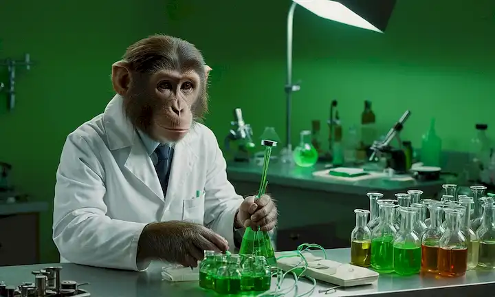Ajuste de laboratorio de estilo 1950, científico en capa blanca, tubos de prueba y platos petri en banco de trabajo, mono sobre mesa de operaciones con alambres adjuntos, beaker que contiene líquido verde lencería, microscopio en primer plano, iluminación dim, sombras arrojadas por el equipo
