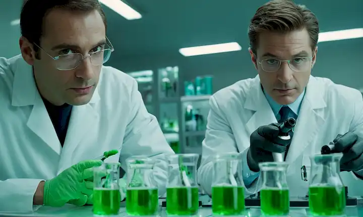 2 científicos en capas de laboratorio, equipo futurista, beaker con líquido verde, mono con ojos brillantes, código genético, helix doble de ADN, plato de Petri con células, microscopio, tubo de prueba con una pequeña criatura, un toque de ambiente de ciencia ficción, un efecto borroso para representar el proceso de clonación