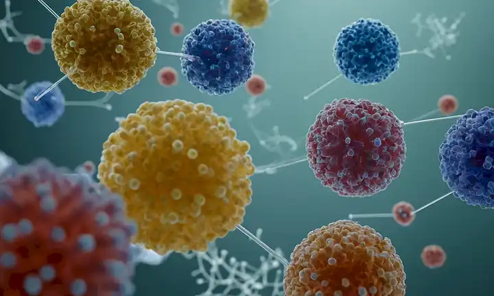 Estructuras de moléculas 3D, formas coloridas, lazos brillantes, átomos diminutos, retrato de laureado Nobel, equipo de laboratorio, platos petri, pipetas, toboganes de microscopio, calzoncillos, guantes, gafas, y un fondo débil con células cancerosas o Alzheimer afectados neuronas
