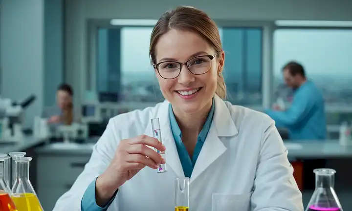 Un científico en un entorno de laboratorio, sonriendo, sosteniendo un tubo de prueba, rodeado de moléculas coloridas, con un paisaje urbano borroso en el fondo, con una medalla del Premio Nobel en el banco de trabajo, y un ligero indicio de equipo médico, como platos petri o microscopios