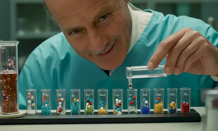 moléculas 3D, equipo de laboratorio, células cancerosas, placa de Alzheimer, una medalla Nobel, un científico sonriente, helix de ADN, compuestos coloridos, microscopio, pipeta, flask, tubos de prueba, beaker, toboganes de vidrio, manos de investigadores