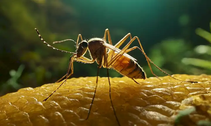 Mosquiteros, insectos y plantas de 130 millones de años, conservados en ámbar, resplandor dorado, antigua escena forestal, paisaje tropical, fósiles, criaturas prehistóricas