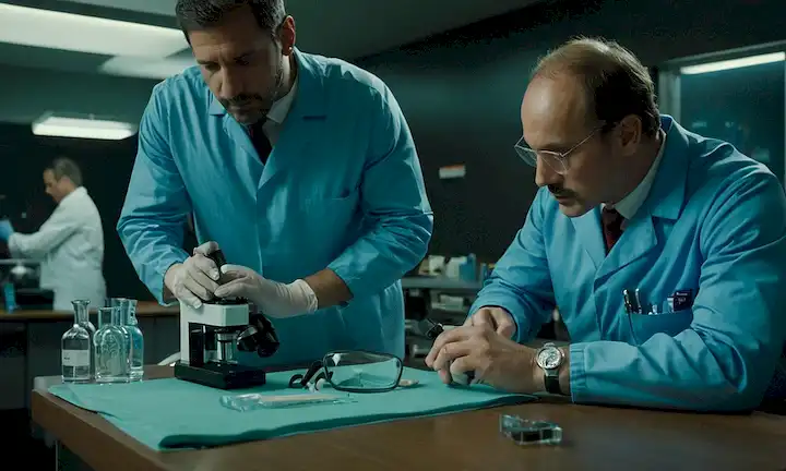 Una escena del crimen, un laboratorio científico, agentes de policía investigando, una mesa con equipo, una lupa, un frasco de líquido, un microscopio, un cuerpo en una camilla, un médico o enfermera, un jefe de policía, análisis forense, un paisaje urbano de Barcelona