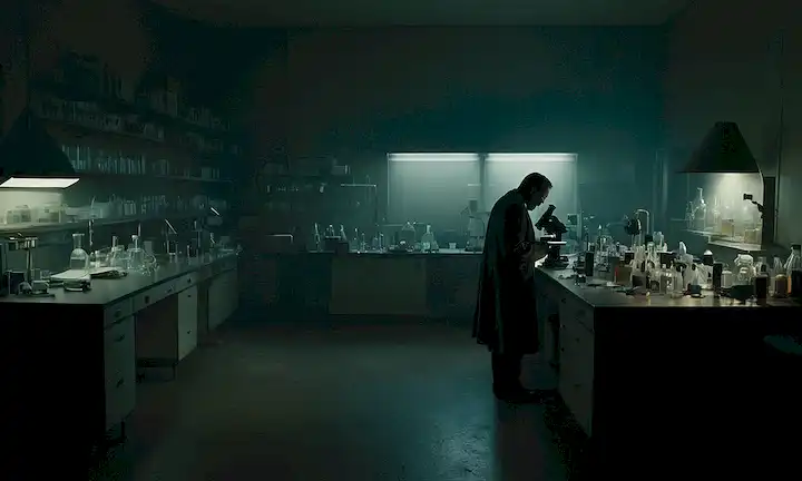 Un ambiente oscuro de laboratorio con un científico solitario que está frente a un microscopio o una estación de trabajo llena de beaker, rodeado de sombras lejanas y pequeñas siluetas, con indicios de caos y desarray, tal vez un equipo roto o papeles esparcidos, que transmiten un sentido de misterio y malestar