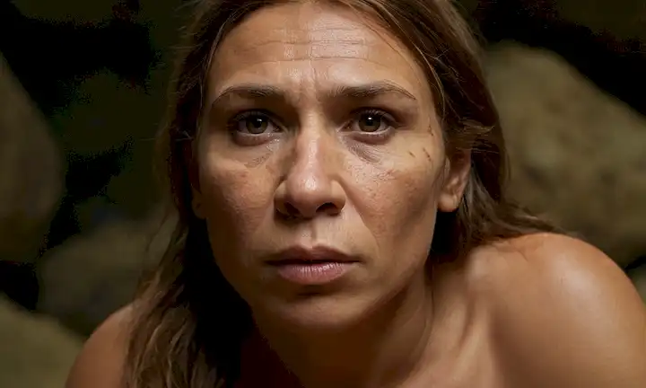 Reconstrucción 3D de una mujer Neanderthal cara con textura realista de la piel y expresiones faciales, enmarcada en un contexto natural de terreno cavernoso o rocoso, con iluminación sutil para resaltar características, con huesos prominentes y mandíbula robusta, emociones matizadas transmiten vulnerabilidad y fuerza