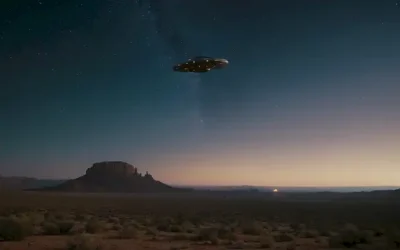 Nave espacial de estilo 1980 sobre un paisaje desértico con luz de luna