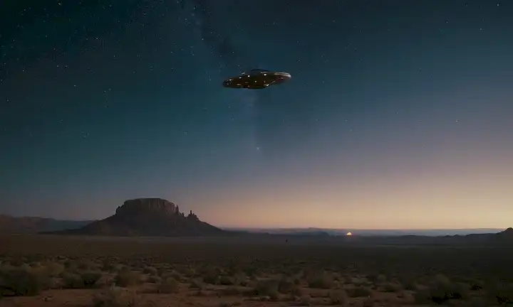 Nave espacial de estilo 1980 sobre un paisaje desértico con luz de luna