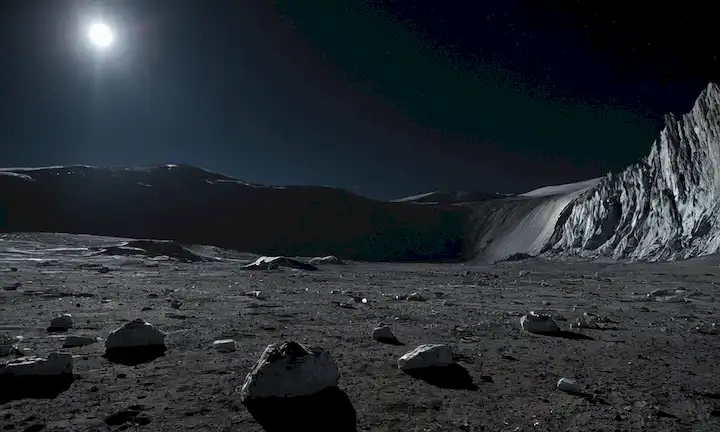 Superficie lunar, Rusia Luna-25 nave espacial, escena de accidente, lugar de choque, ruinas, cráter, cuenca del Polo Sur, rocas lunares, escombros espaciales, paisaje desolado, iluminación estrellada, cielo nocturno
