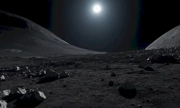 Superficie lunar, nave espacial rusa Luna-25 en la distancia, escombros esparcidos alrededor del lugar de impacto, humo o polvo subiendo en el espacio, terreno sombrío, terreno accidentado, lunas región del polo sur, paisaje desolado, cielo oscuro