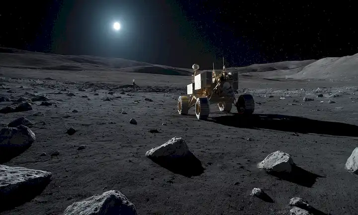 Superficie lunar, restos de naves espaciales rusas, cielo nocturno estrellado, Tierra a distancia, región del polo sur, impacto de escombros dispersados, nubes de polvo, fragmentos de nave espacial dispersa, iluminación de luz de luna brillante