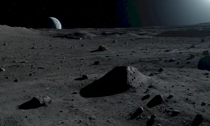 Superficie lunar con sombras oscuras, vasta extensión de polvo y rocas grises, nave espacial rusa distante Luna-25 en un estado catastrófico, restos esparcidos alrededor, escombros volando a través del espacio, lunas horizonte débilmente visible, misterioso silencio