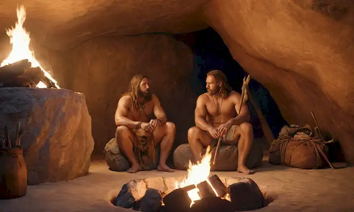 Imagen 3D renderizada, una pareja Neanderthal sentada en la cornisa de roca, rodeada de fogueo, escondites de animales y herramientas, con entrada de fondo sutil, iluminación cálida y sombras suaves, transmitiendo sentido de comodidad y contemplación