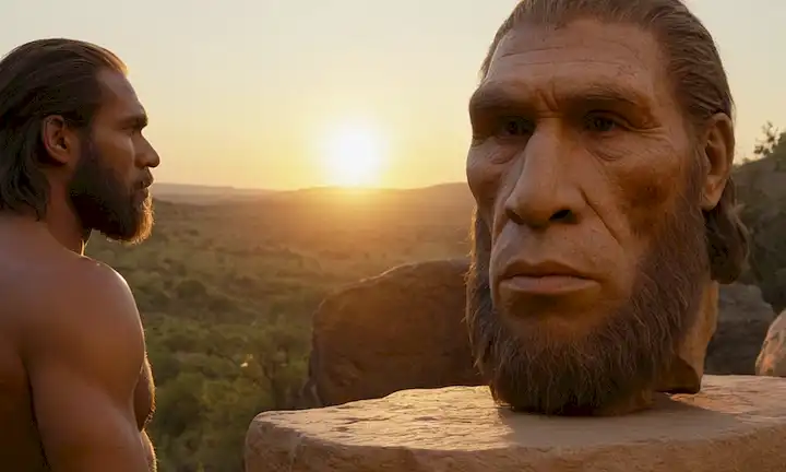 Reconstrucción 3D de una cara Neandertal con pinturas rupestres intrincadas en el fondo, una figura de mamut en un pedestal a la izquierda, y una silueta humana moderna observando desde lejos, frente a una puesta de sol caliente o un paisaje iluminado por el fuego, con artefactos antiguos y herramientas dispersas alrededor