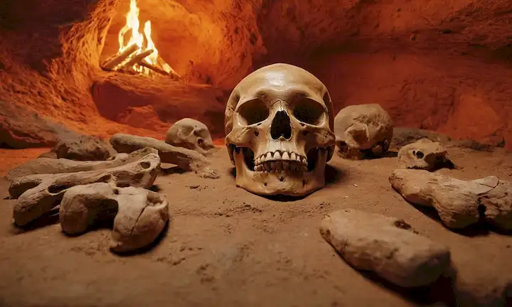 ilustración 3D, escena paleoantropológica, cráneo humano, huesos Neanderthal, pigmentos, ocre, color rojo, huellas dactilares, pintura de los dedos, arte antiguo, decoración prehistórica, vivienda caverna