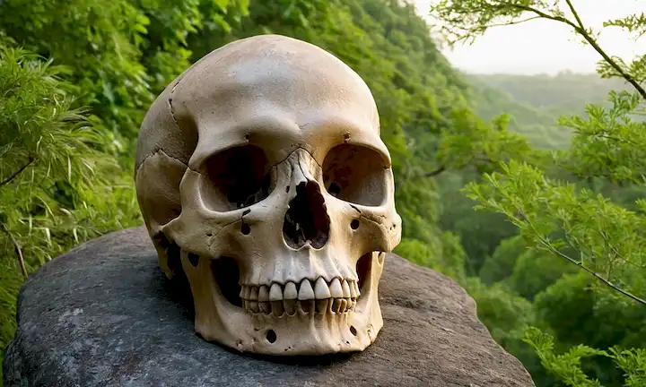 Un cráneo Neanderthal, recto sobre un afloramiento rocoso, rodeado de vegetación exuberante, con un toque sutil de calor y luz solar, tal vez una bruma débil en el fondo, un sentido de profundidad y perspectiva, un enfoque en los cráneos detalles intrincados, y un aire de misterio y descubrimiento