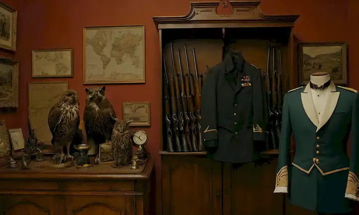 uniforme de cazadores del siglo XIX, rifles y trofeos, dispuestos en un gabinete de madera, rodeado de animales taxidermied, con un fondo sutil de mapas antiguos o estampados, iluminación cálida y colores ricos