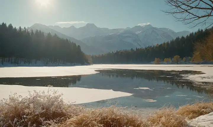 Un paisaje sereno de invierno con montañas cubiertas de nieve, un lago congelado y copos de nieve cayendo suavemente del cielo, rodeado de árboles desnudos, suave luz solar y un paisaje urbano lejano