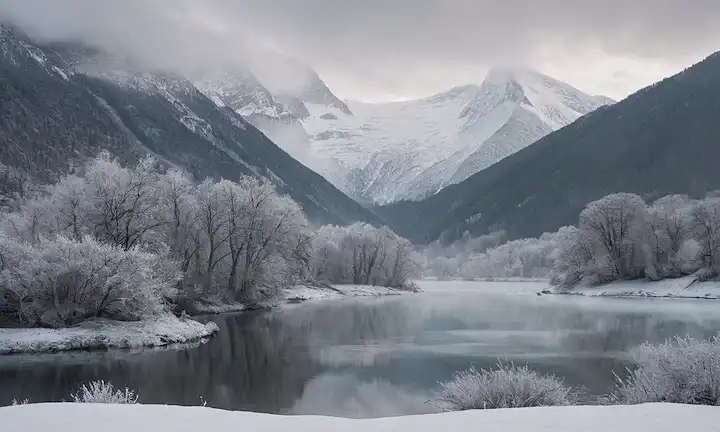 Montañas con picos cubiertos de nieve, atmósfera fría, copos delicados que caen del cielo gris, árboles frondosos, arroyos helados, lago congelado, valles mucosos, paisaje nevado, escena de invierno sereno