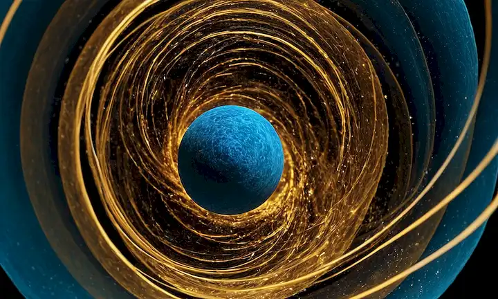 Estructura atómica con electrones girando, partículas subatómicas en movimiento, detalles nanoescala borrosas, colores que cambian entre azul y oro, formas abstractas que parecen ondas o ondas, texturas dinámicas que evocan movimiento y energía, iluminación de alto contraste con sombras profundas, un sentido de profundidad y dimensionalidad