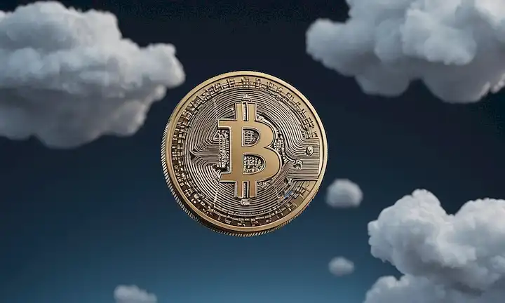 Modelo 3D de una moneda con fondo transparente, orbitando alrededor de un punto azul estilizado que representa la probabilidad, en medio de nubes giratorias de formas blancas y grises parecidos a la aleatoriedad, en un fondo gris azul oscuro