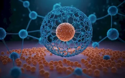 Ilustración 3D de puntos cuánticos rodeados de un brillo azul