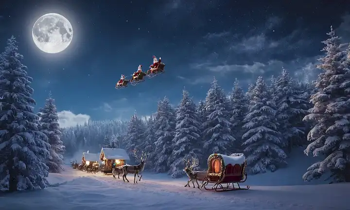 Bosque frondoso, árboles cubiertos de nieve, luces parpadeantes, Santas trineo sobresaliendo, renos volando en formación, ornamentos festivos colgando de ramas, nubes con luz de luna brillando a través de