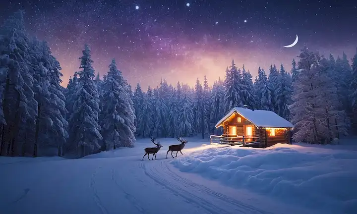 paisaje de bosque nevado, ambiente festivo, Santas trineo en vuelo, silueta de reno, estrellas brillantes, luna crescente, luces malvadas, cabina acogedora en fondo, árboles cubiertos de nieve, cristales de hielo brillantes, tierra de invierno maravilloso, escena de fantasía caprichosa